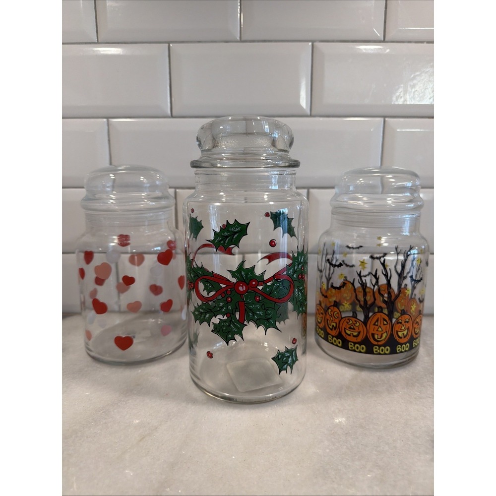 Lot Of 3 Vintage Libbey/Anchor Hocking Candy‎ Jars Valentine/halloween/xmas 0001